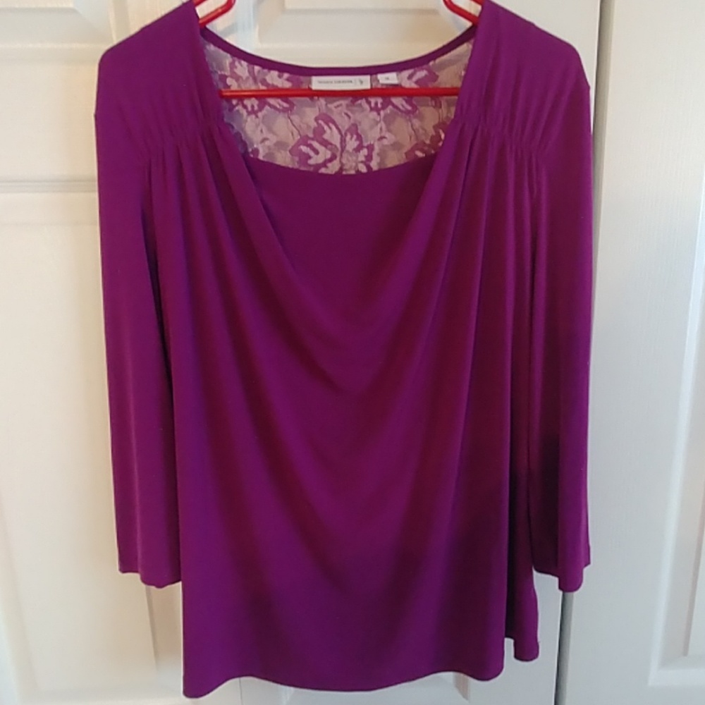 NWOT Susan Graver purple lace trim top, size M